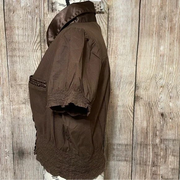 Cotton Works Brown Button up Short Sleeve‎ Blouse - Picture 4 of 5